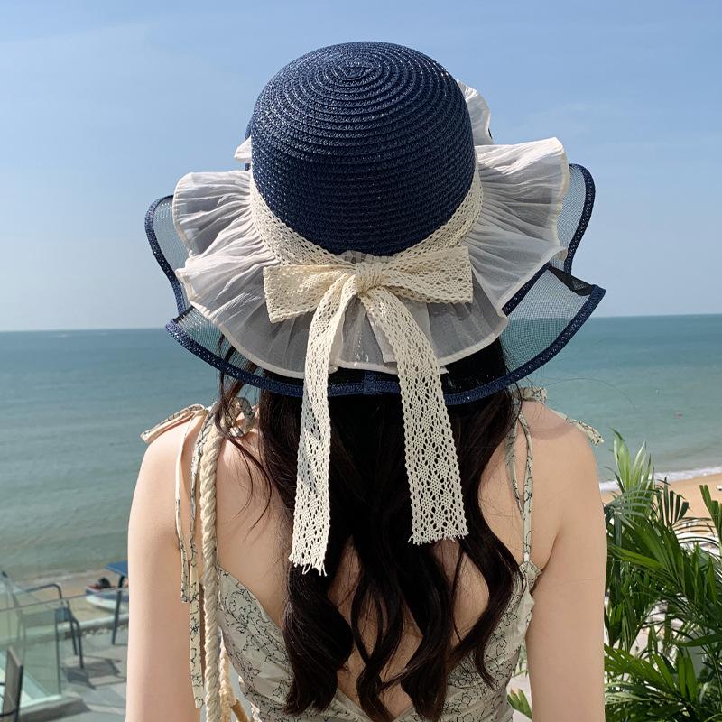 Hat Women's Summer Small Clear Straw Hat Bow Streamer Beach Hat Summer Vacation Sun Hat