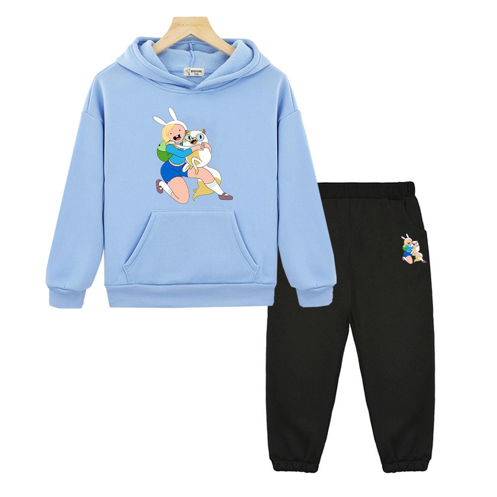 Adventure time 2 pz pullover+pantaloni Kawaii Anime felpa con cappuccio Felpa in pile Giacca ragazzi ragazze Set con cappuccio abbigliamento boutique per bambini Set per bambini