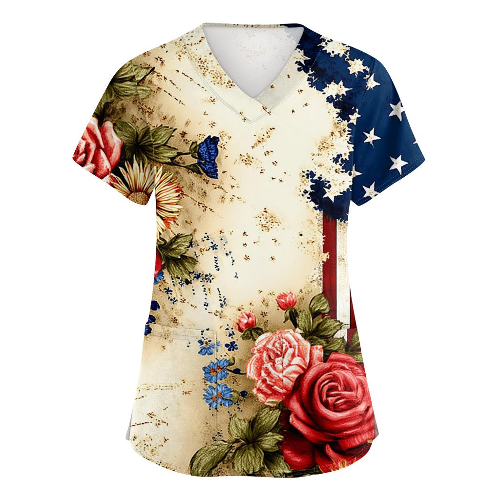 Women's Short-Sleeve Independence Day Print V-Neck Pocket Workwear Top