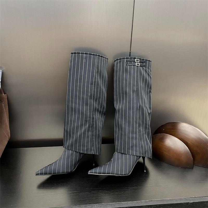 Fashion IPPEUM Women Knee High Boots Thin Heel Denim Point Toe Winter Retro Shoes Botas Mujer