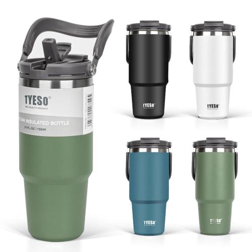TYESO Tumbler with Lid, Straw, and Handle, 750ml Large Capacity, Insulated Water Bottle, Thermos, Vacuum Insulated, Double Walled, Wide Mouth, Direct