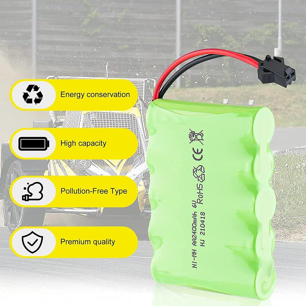 Rechargeable Ni-MH Battery 6V 2400mAh for RC Cars | Includes USB Charging Cable | Long Runtime Over 18 Minutes | Green