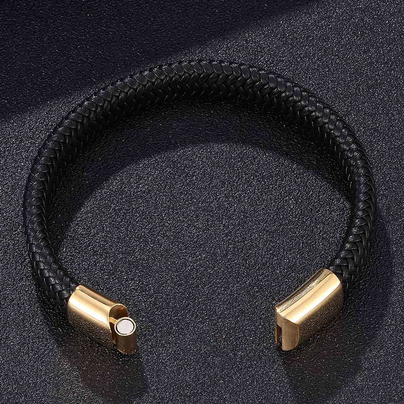 New Men Black Leather Bracelet Man Stainlees Steel Buckle Cuff Bracelets Bangles Male Jewelry Gifts