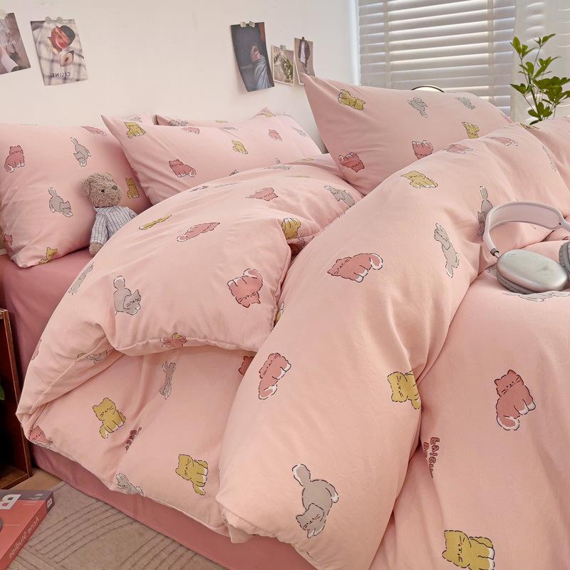 Small Fresh Mattress Quilt Cover Class A Maternal And Infant Grade Cartoon Dormitory Bed Sheet Three-Piece Set Super Soft Washed Cotton 4Pcs Set