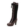 Fashion Women's Round Toe Knee High Boots Leather Lace Hollow Out Punk Lace-Up Steampunk High Heel Shoes Plus Size 34-50 White Red Black
