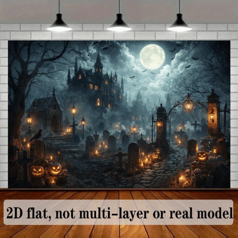 2D plane horror castle scene background fabric Gothic pointed-topped castle full moon.PMJ