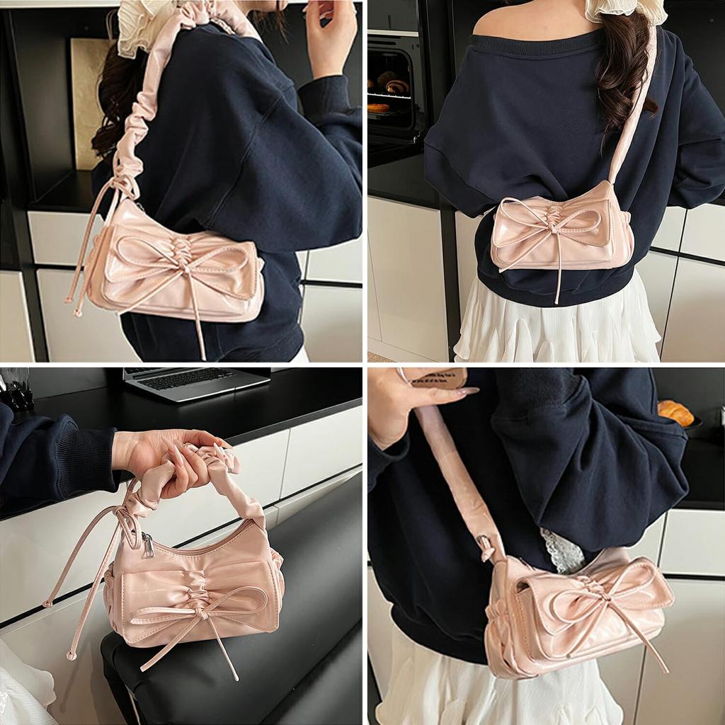 GOLWIS Ribbon Gathered Shoulder Bag with Small Handles, PU Leather, and Scrunchy Design. 2-Way Mini Shoulder Bag, Crossbody, or Handheld. Korean