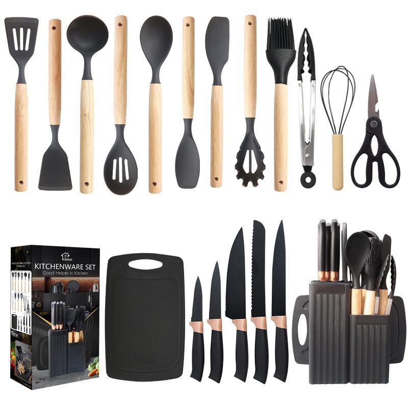 OEM/ODM Kitchen Cooking Knife Set 19-Piece Silicone Kitchen Knife Set with Wooden Handle and Cuttings Board Special Storage Bin чёрный