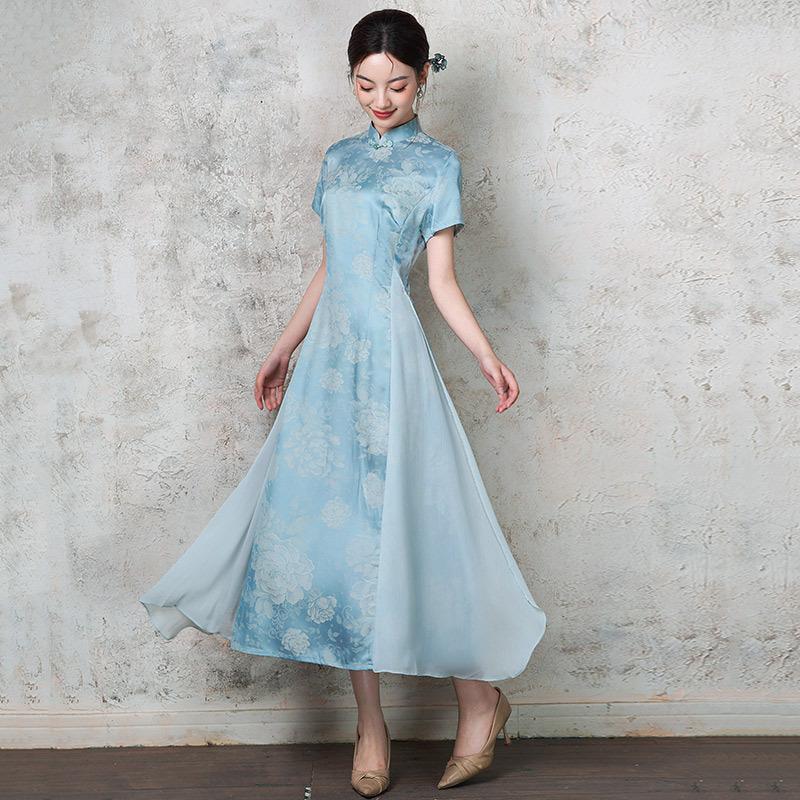 Mavi Aodai ulusal tarz yeni Çin cheongsam geliştirilmiş genç 1011 yeni kadın retro kısa kollu elbise yaz