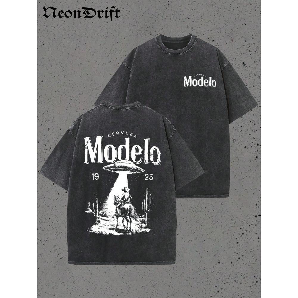 T-shirt Oversize in Cotone Lavato Vintage Modelo Cerveza Cowboy Stampa UFO Estetica Western Alien Grunge per Appassionati di Birra