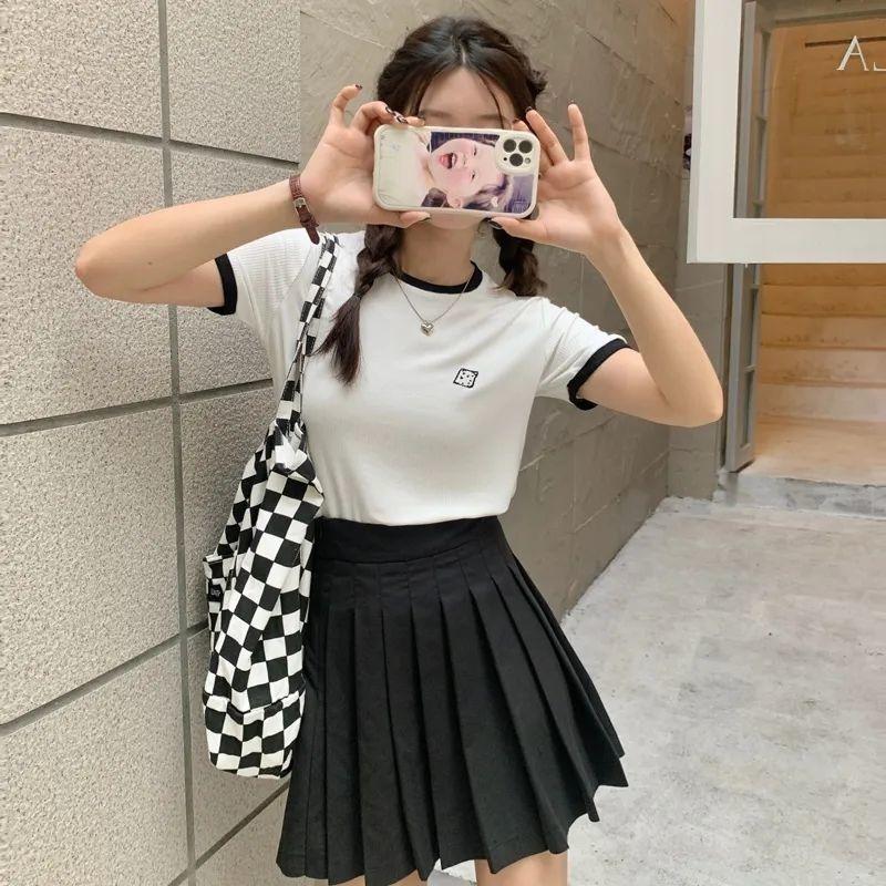WTEMPO Branded Summer Women's Fashion Trend Clashing Trim Embroidered Short Sleeve T-shirt with Design Niche Round Neck Elasticated Tops