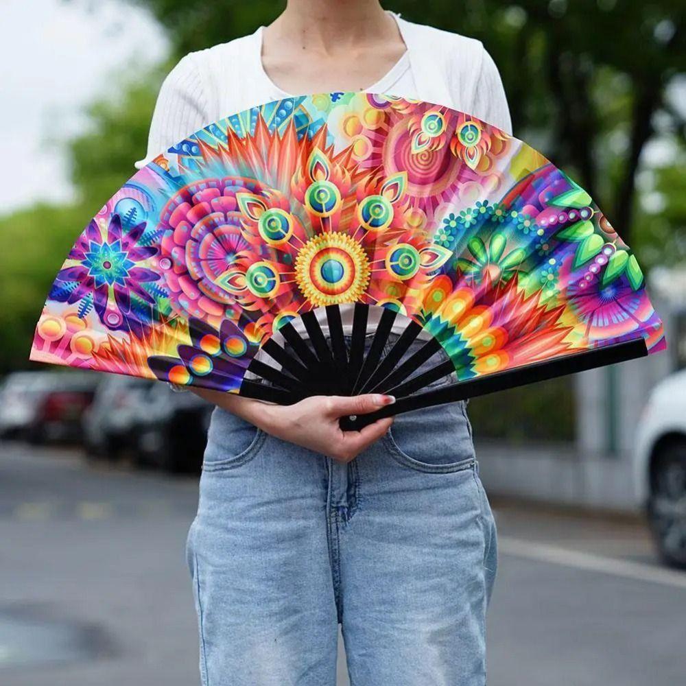 Fans with Lights Large Folded Hand Fan Folding Large Foldable Handheld Rave Fan 33cm Colorful Rainbow Folding Fan Dance