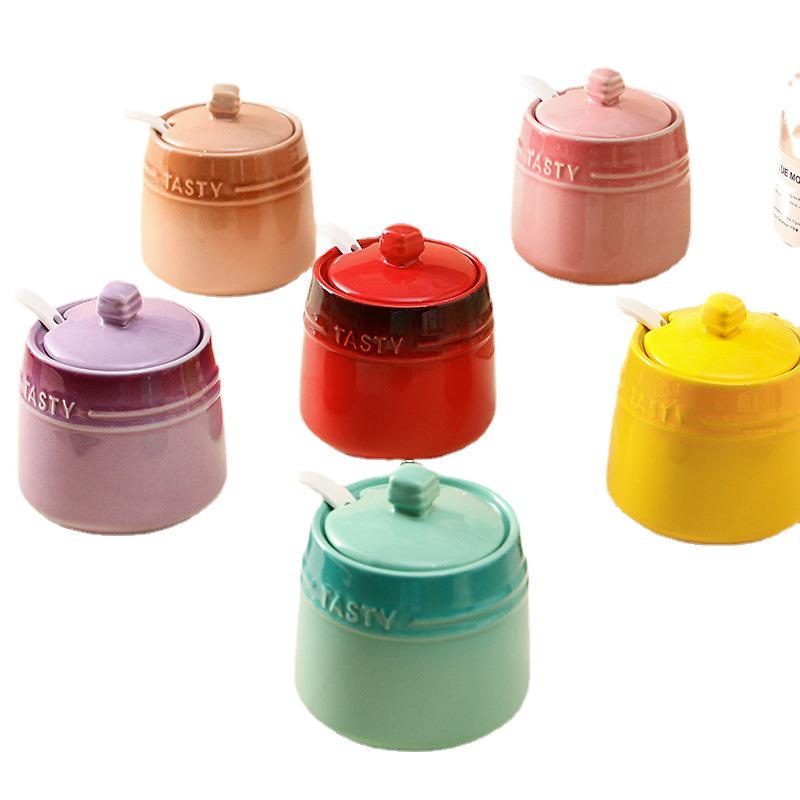 French Gradient Rainbow Ceramic Condiment Jar Set - Small Jars for Salt, Sugar, and Seasoning