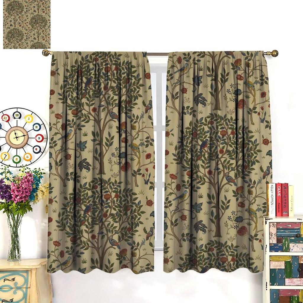 Vintage Zasłony Okienne zaciemniające William Morris Forest   Rustykalne Boho Zasłony Okienne z Ptakami i Roślinami   do Salonu Sypialni 21(W)*45(L