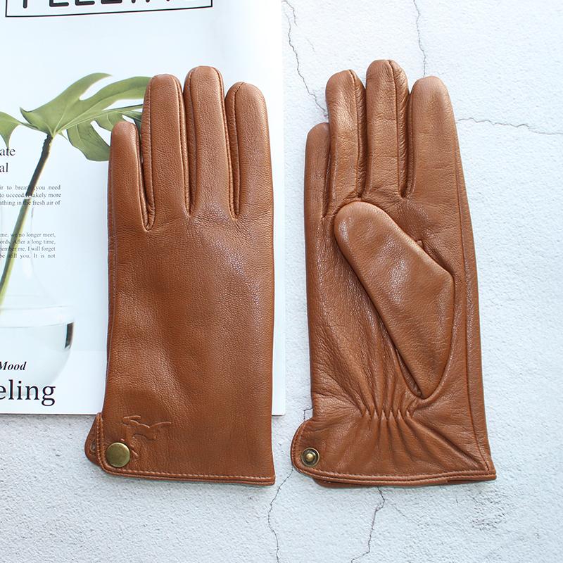 Goatskin Deerskin Gloves Men's Autumn Thin Wool Winter Plus Cashmere Cold and Warm Yellow-Brown Finger Leather Gloves