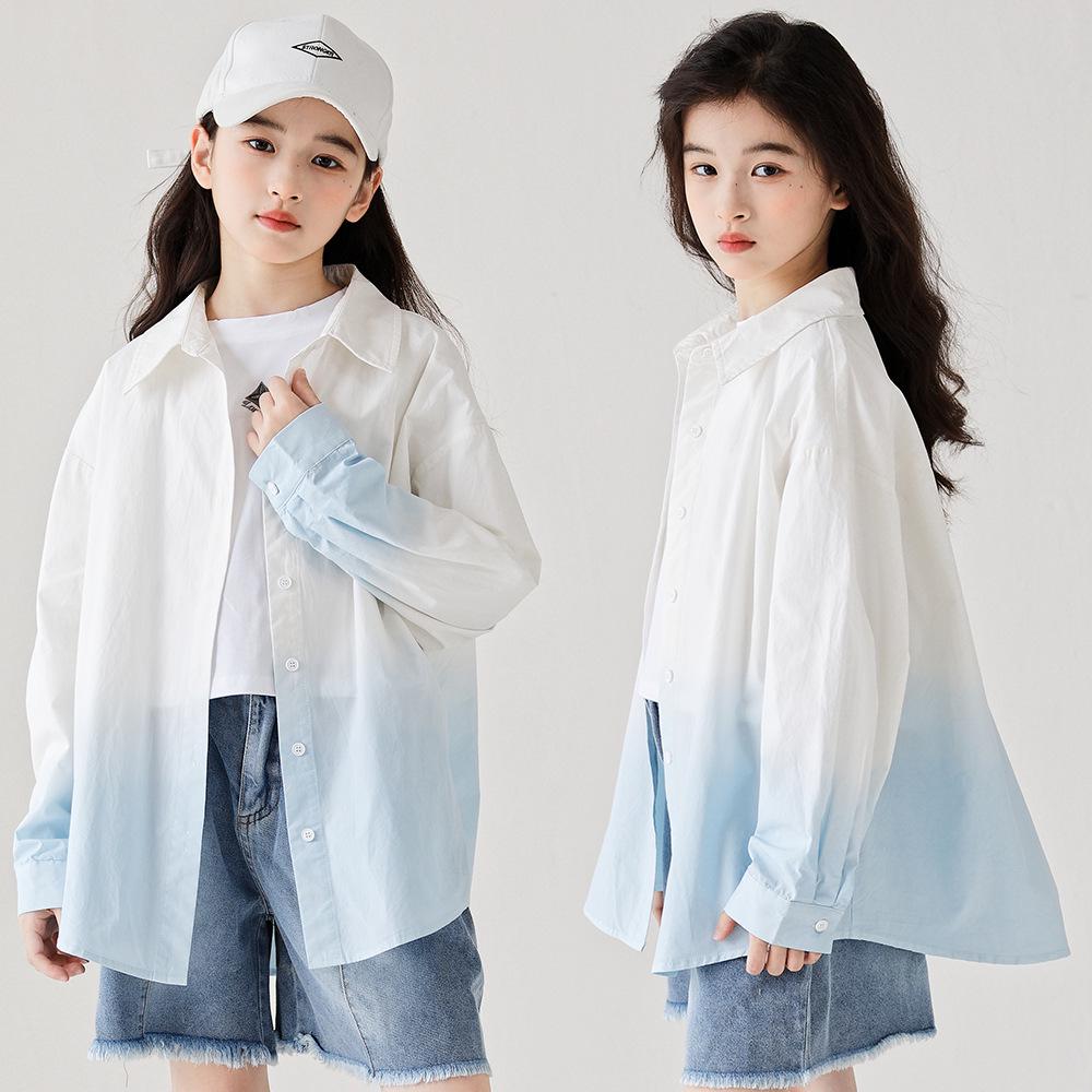 Girls' Trendy Gradient Long-Sleeve Cotton Shirt - Spring/Summer 2025, Medium/Large, Lapel Cardigan, Parent-Child Matching.