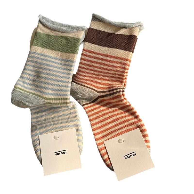 Boneless Rolled-up Socks, Women's Color-blocking Striped Mid-calf Socks, Spring and Autumn Casual and Versatile Long Calf Pile Socks