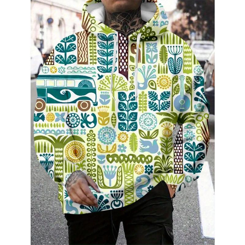 Men Tropical Plant Retro Bus Floral Geometric Full Print Hoodie Drawstring Pocket Long Sleeve Casual Pullover Sweatshirt