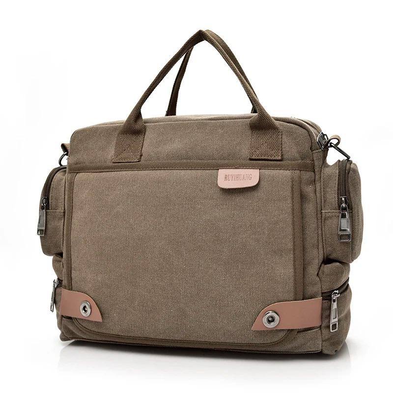 Durable Canvas Men Laptop Messenger Bag, Multi‑compartment Briefcase Handbag with Detachable Strap, Vintage Crossbody Bag for Office Work