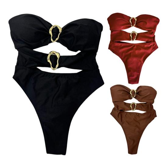 Sexy Monokini Off Shoulder Bandeau Hollow Design Solid Color One-piece Swimsuit with Irregular Metal Rings Vacation Wear
