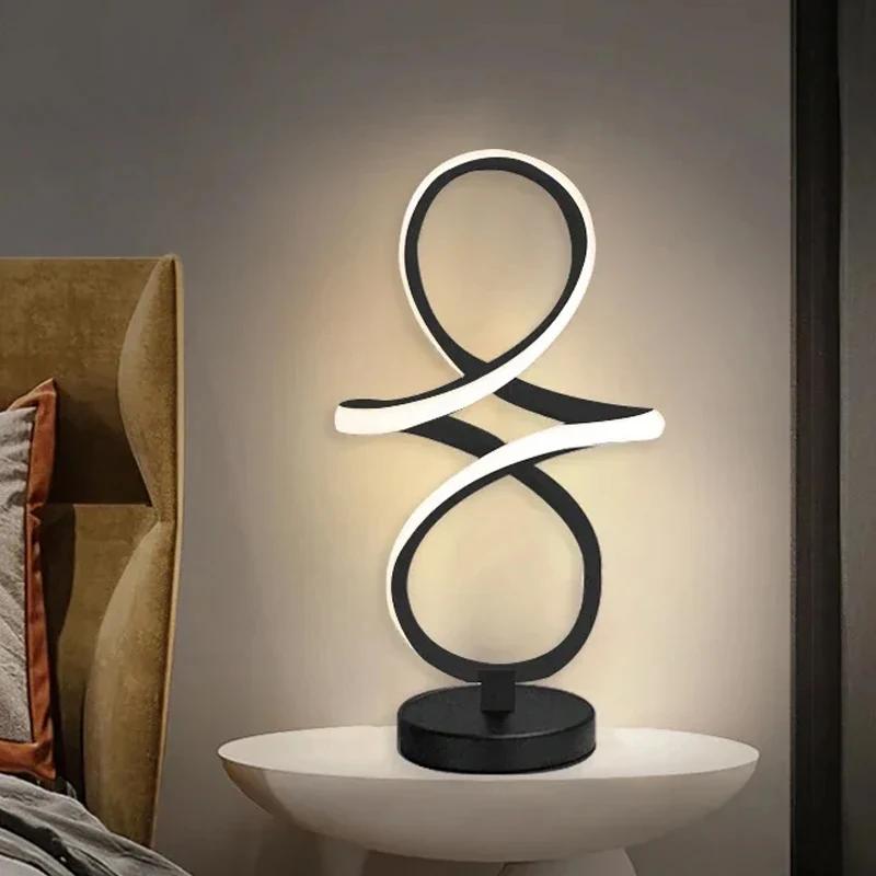 Modern LED Table Lamp Lines Black And White With Plug Lamp For Study Dressing Table Bedside Living Room Bar Indoor Decor Lights