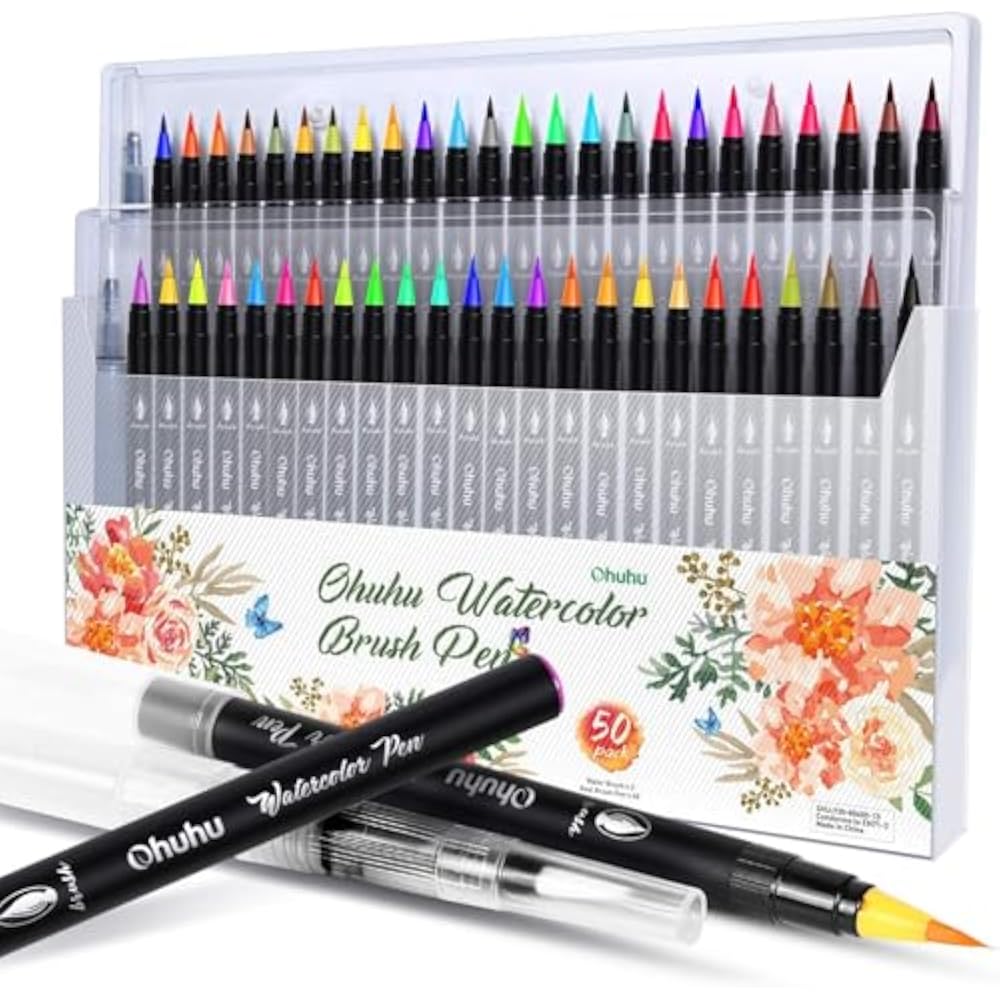 Ohuhu Watercolor Brushes, 48 Color Water Pens, 2 Watercolor Pens, Color Set, Watercolor Brushes, ...