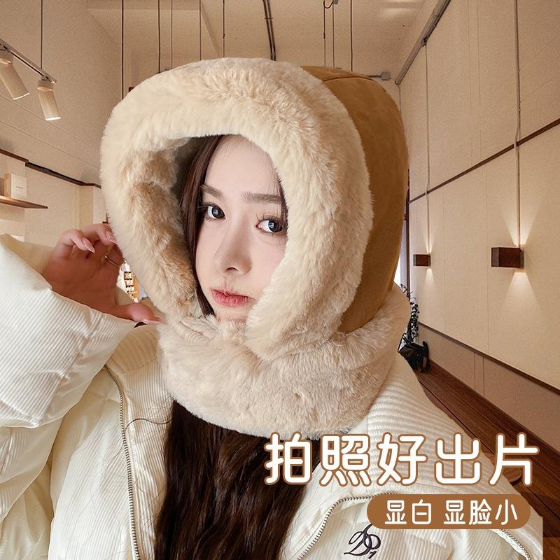 Autumn and winter integrated hat women's wool hat with scarf thickened plush wool hat big head circumference versatile loose hat