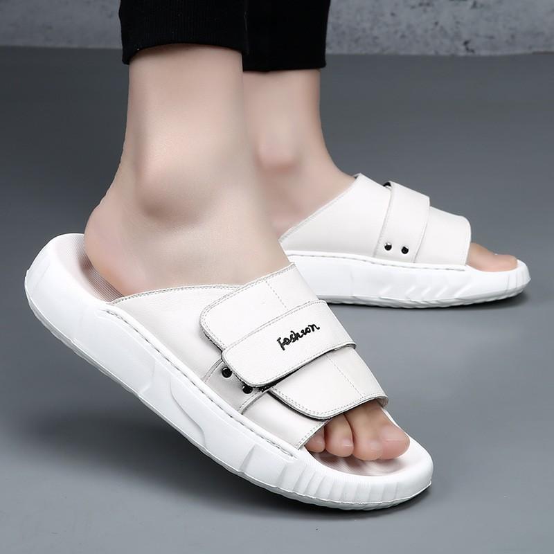 Herren Genuine Leather Slide Sandalen Outdoor Slip-On Flache Schuhe Mit Rutschfester Sohle