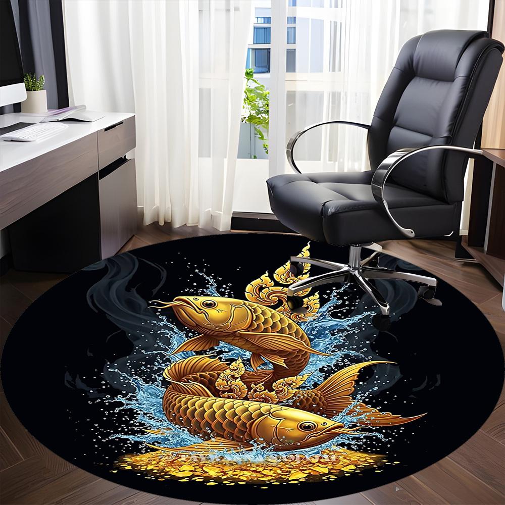 1pc Golden Fishes Splash Office Round Area Rug, Under Office Chairs Bedroom Living Room Home Decor, Room Deco, Available in Various Sizes