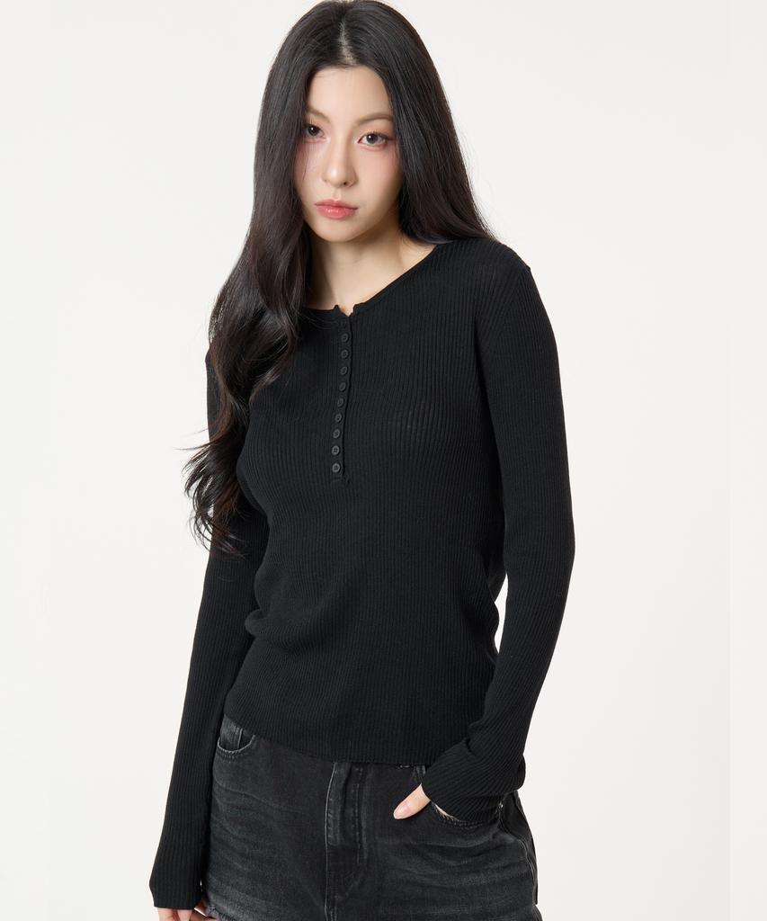 UNKNOWN PLANET Button Ribbed Knit Top Black