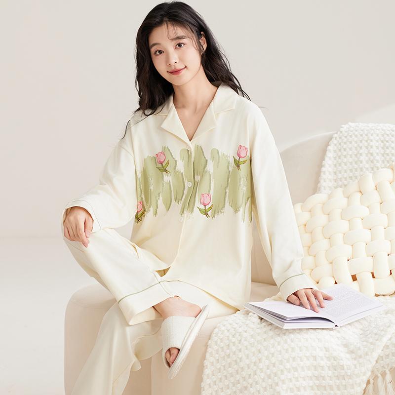 Purple Tulip Pajamas Set Women Sleepwear Cotton Long Sleeves Long Pants Autumn Winter Girl Pyjamas Soft Pijamas Cozy Button Cute