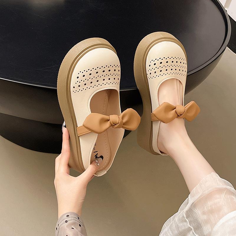 2025 new square head thick heel color matching bow Mary Jane shoes women's fashion versatile French temperament slippers