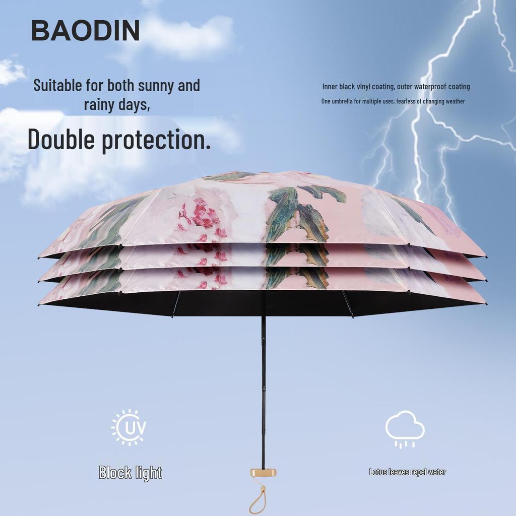 Compact Artistic Oil Painting Umbrella: Dual-Use, Portable, Black Rubber, Sun & Rain Protection for Women