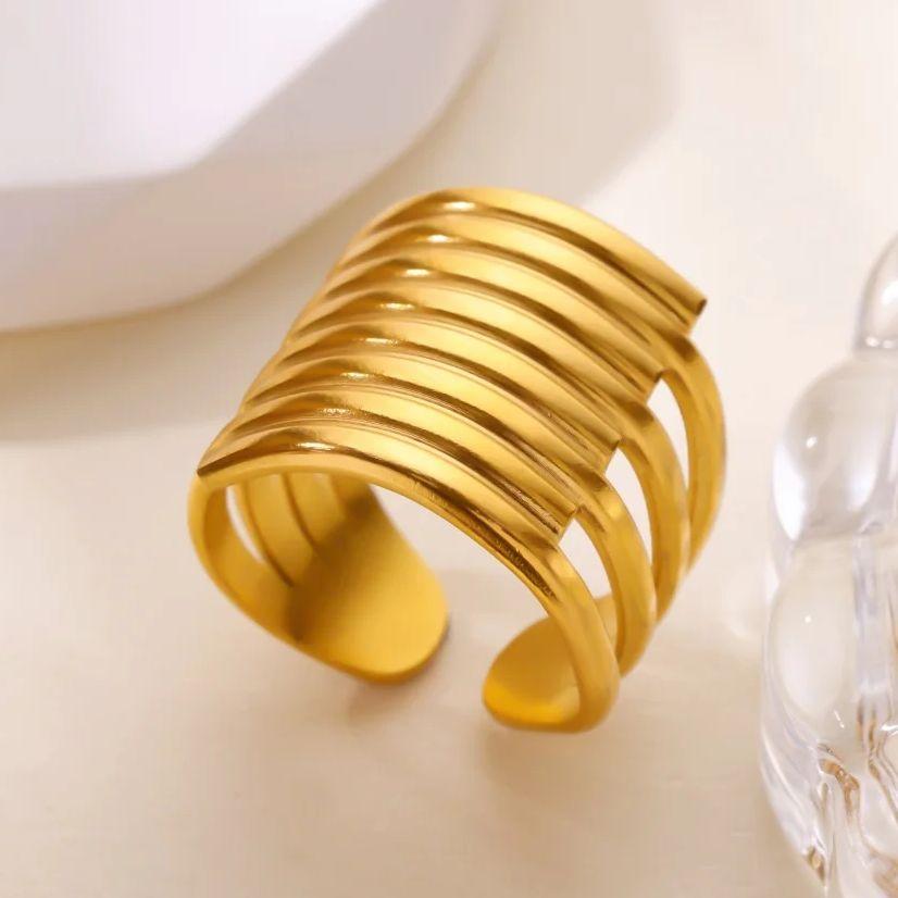 Stainless Steel Bold Multi - Layer Lines Rings For Women Gold Color Geometric Punk Ring Wedding Christmas Jewelry Gift