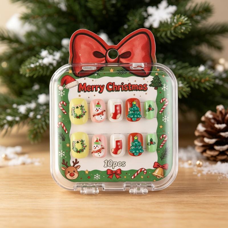 10Pcs Merry Christmas Ins Trend Press On Nails Chic Nail Patch Ladies Cute 3D Christmas Tree Santa Claus Decoration Nail Art