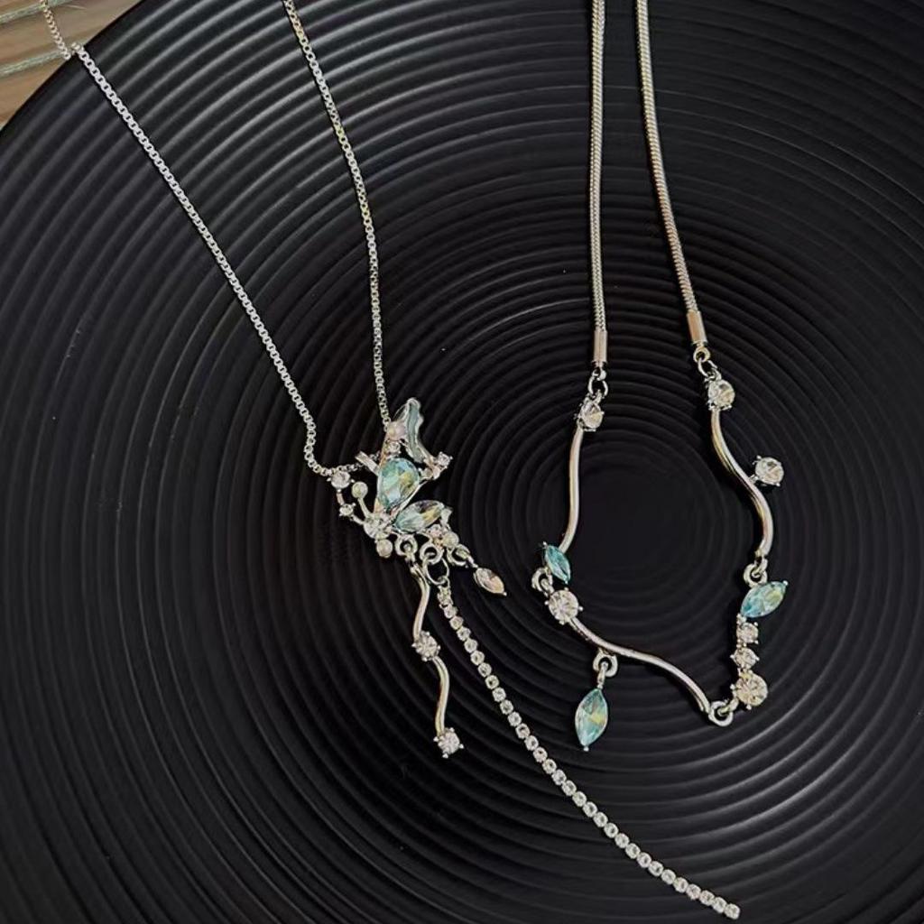 Exquisite Blue Crystal Butterfly Double-Layer Necklace for Women - 2025 High-End Design