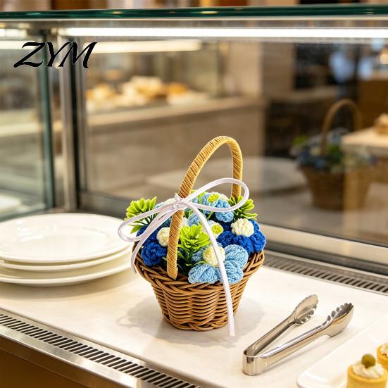 Artificial Flower Arrangement for Desk Hand Knitted Wool Basket, Decorative Mini Crocheted Floral with Simulation Art Home Ribbon, Plant Ornament