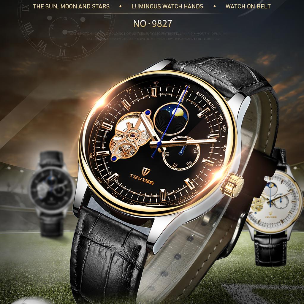 Pánské plně automatické mechanické hodinky Tourbillon s dutým ciferníkem 24hodinové okénko s fází měsíce Business Vodotěsné noční svítící pánské módní mechanické hodinky