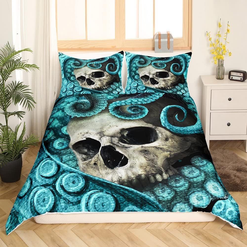 Octopus Skull 3D Print Duvet Cover Set Blue Cotton Comforter With 2 Pillow Shams Luxury Horror Decorative Bedding