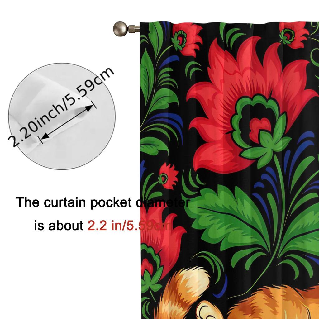 2pcs Cat & Floral Blackout Curtain Panels - Ginger Tabby Cat with Poppies & Foliage Print, Grommet Top Drapes for  Room