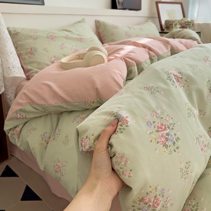 Class A Maternal And Infant Grade Knitted Cotton Double-Layer Yarn Four-Piece Set Simple Floral Bed Sheet Quilt Cover Dormitory 3Pcs Set Factory