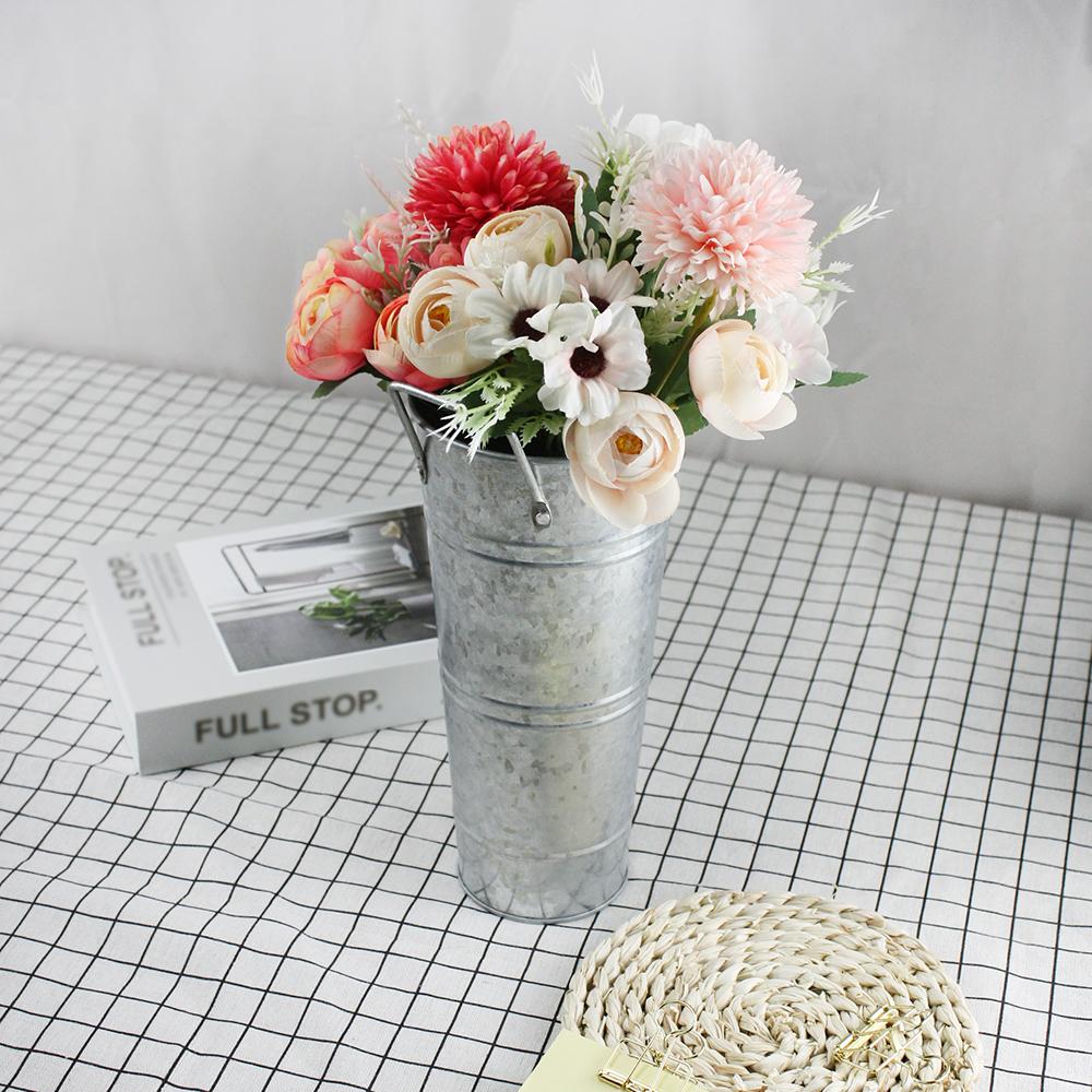 3pcs Set Iron Wrought Simple Argent Vase and Two High Quality Simulation Bouquets for Living Room and Dining Room Decoration