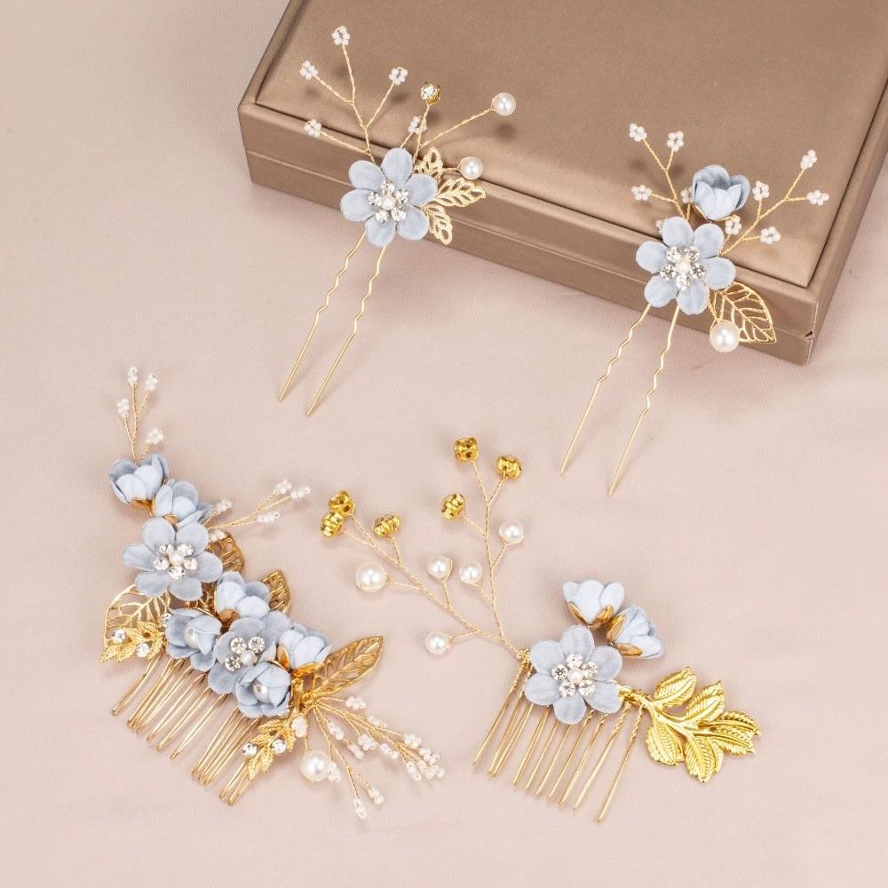 4pcs Tiaras Artificial Flower Bridal Hair Combs Pearl Comb Handmade Wedding Hair Decorative Sweet Headdress Bridal Wedding