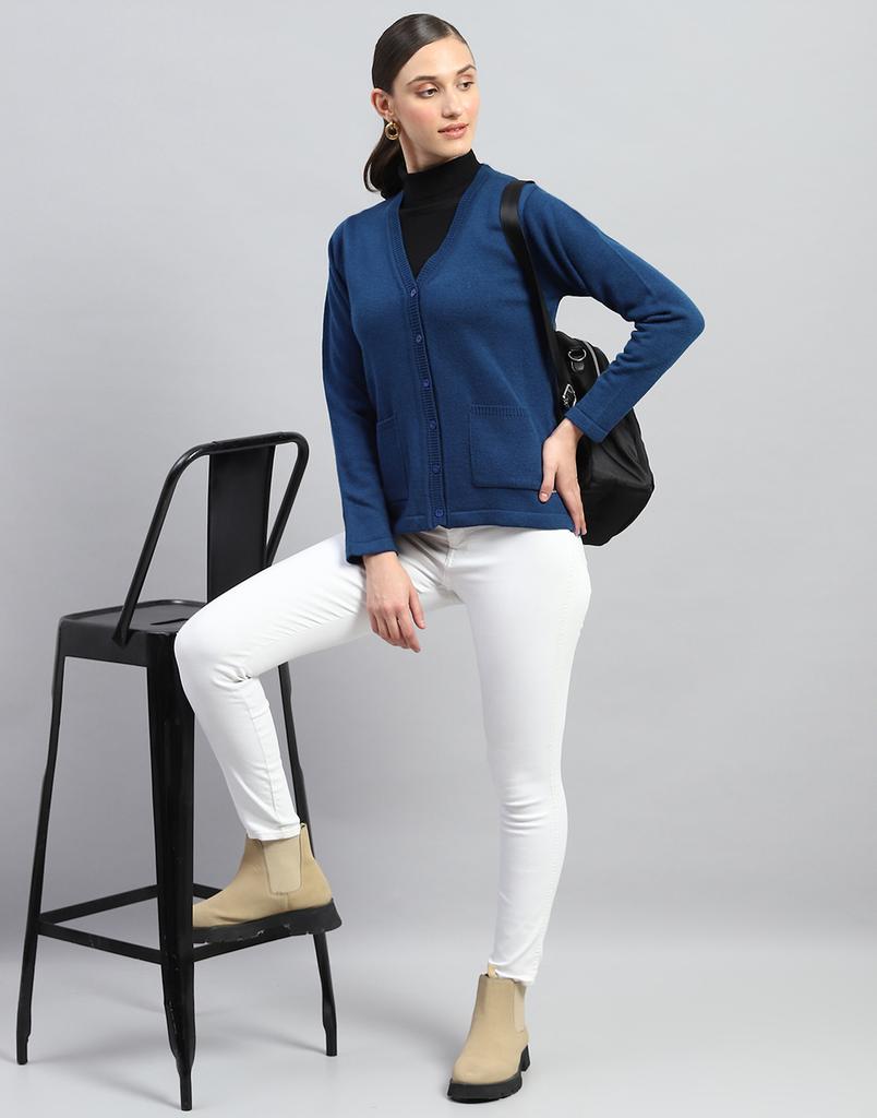 MONTE CARLO Womens Blue Solid V Neck Full Sleeves Cardigan
