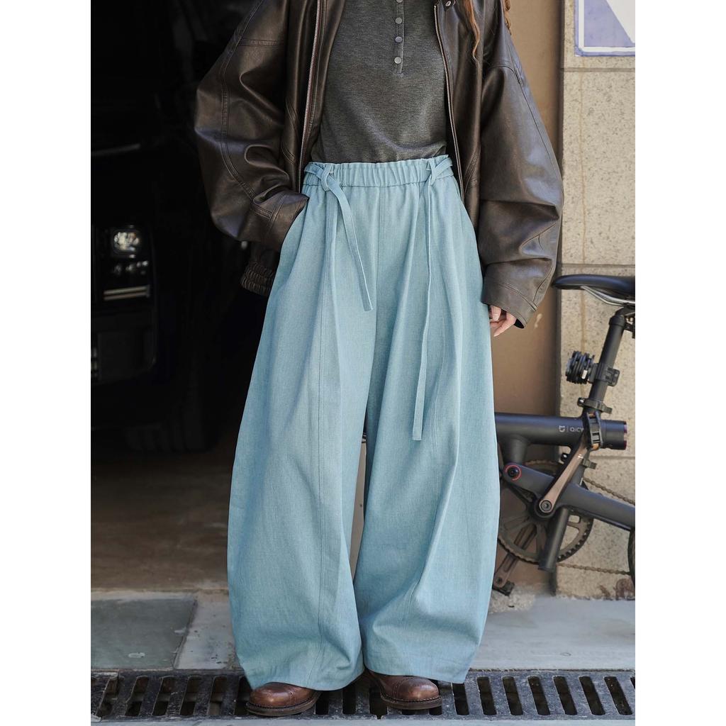 Johnature Winter Korean Style Retro Simple Elastic Waist Fleece Casual Wide-Leg Pants For Women Fashion Full Length Pants
