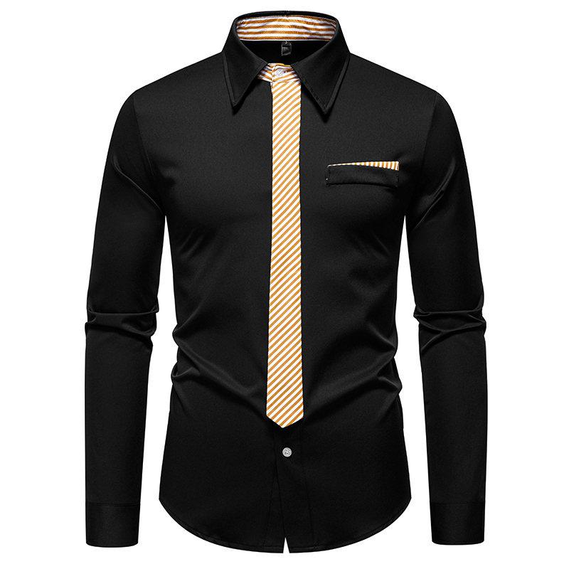 

Autumn Men s Fake Tie Long Sleeve Shirt Men New Fashion Special Design Solid Shirts Male Versatile Casual Social Wedding Party US L чёрный