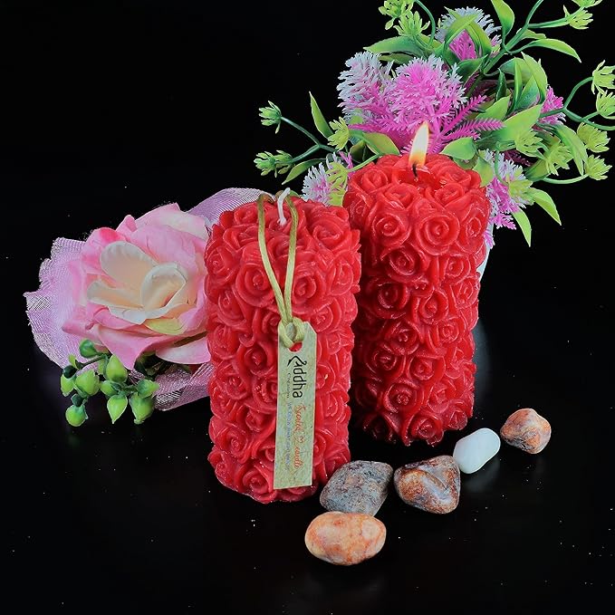 Velas Para Decoração de Casa, Fragrância de Rosa, Forma de Pilar, Cor Vermelha, Conjunto de 2, 5,5 X 10,5 Cm - Cera