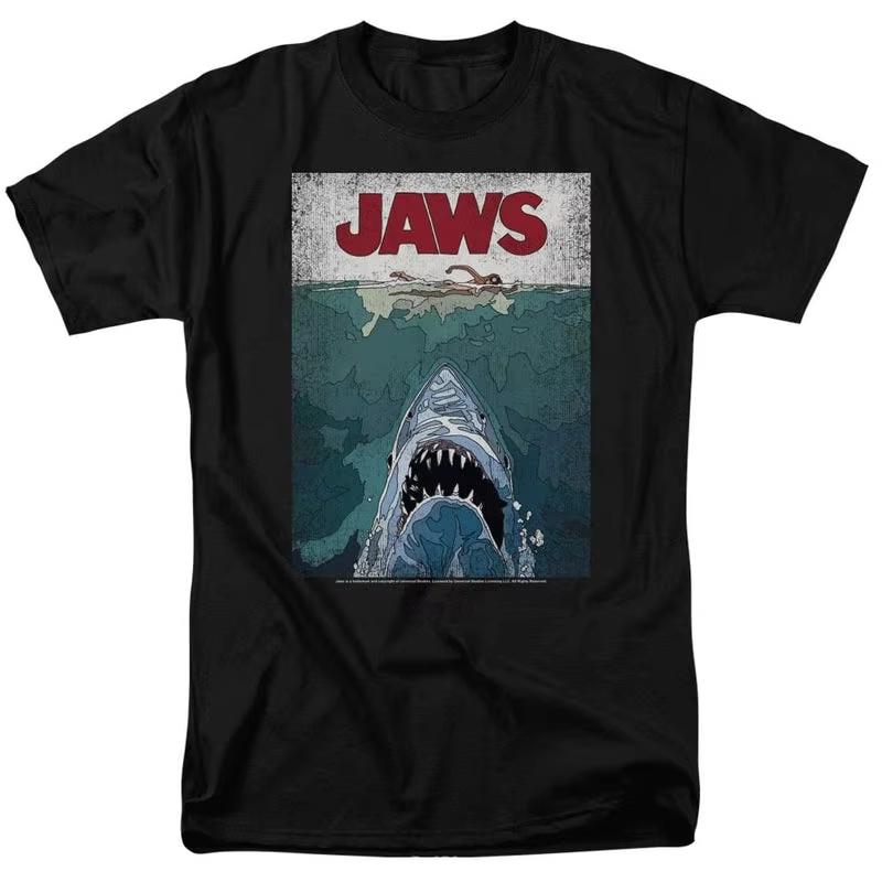 The 2025 Summer and Autumn New Great White Shark Retro Printed T-shirt Is a Loose and Trendy Short-sleeved Cotton Couple's Top