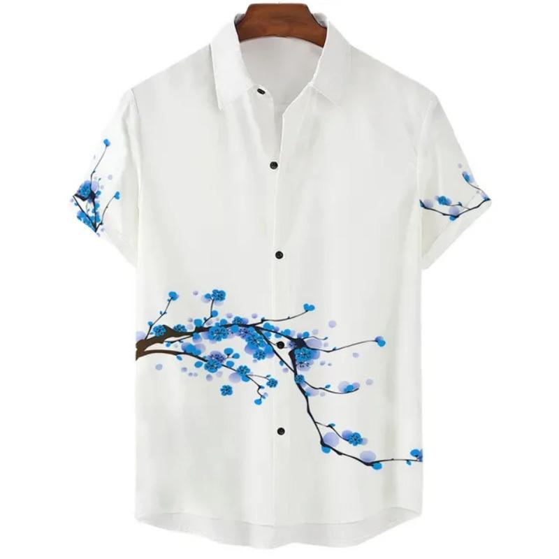 Fashionable Luxury Social Men's Shirt Lapel Button-down Shirt Casual Japanese Aesthetic Cherry Blossom Print Short-sleeved Tops