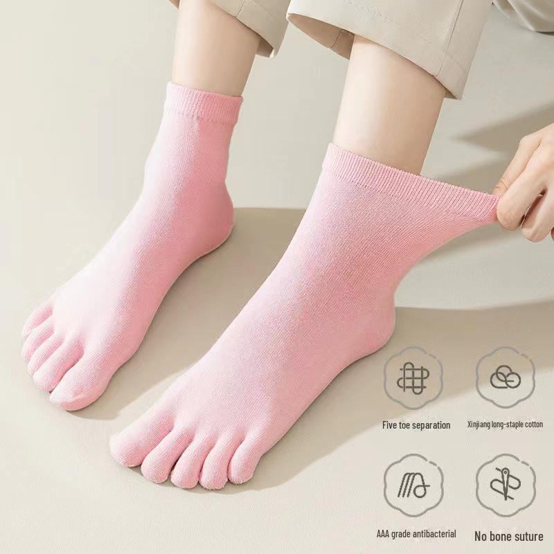 Si Yifen Women's Nude Cotton Five-Finger Mid-Tube Socks - Spring/Summer Solid Color